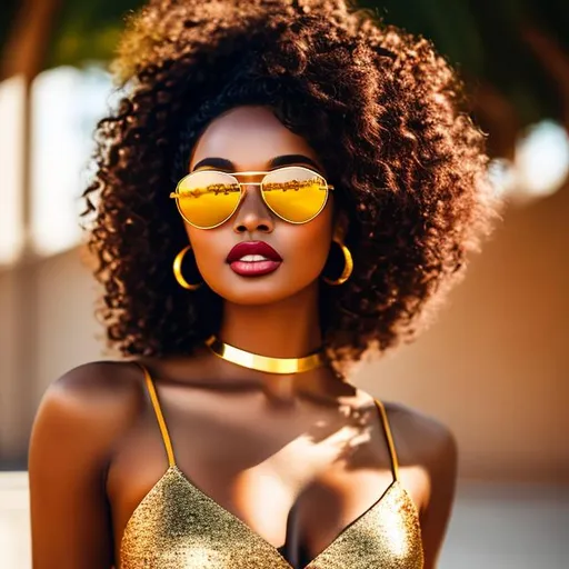 Prompt: An attractive black woman in a golden bikini top, wearing sunglasses, long curly hair, dynamic pose, sitting female warrior,