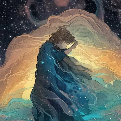Prompt: a small depressed person with a flowing dress facing the infinite cosmos