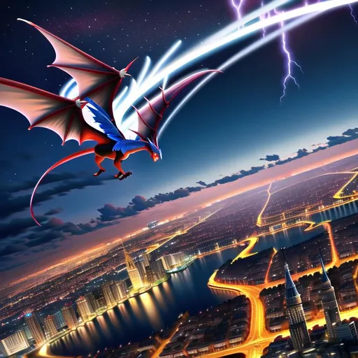 Prompt: Wyvern floating in the air, the character has deep blue scales detailed, Dark red eyes detailed, full body, good quality, realistic, medieval city in  the background, lightning striking medieval city in the background, mountains in background behind city, good quality, realistic