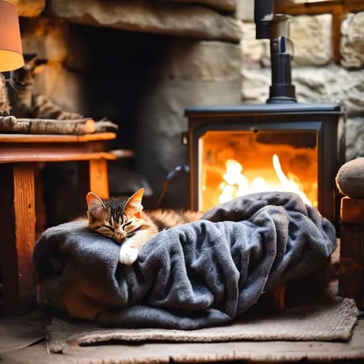 Prompt: a cat sleeping on a jacket in front of a fire in a rustic tidy cottage.