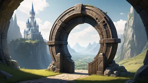 Prompt: circular portal, gateway between cities realms worlds kingdoms castles, ring standing on edge, freestanding ring, complete ring, panoramic view