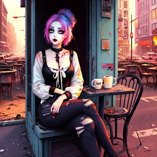 Prompt: Cute Pixar style painting of a beautiful zombie woman, pale,  sitting at an abandoned cafe, torn clothes, wearing goth outfit, apocalypse, city street on fire, latte, dirty, trash, muted color pallette, vaporwave