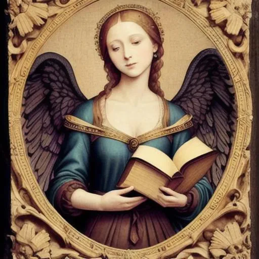 Prompt: a beautiful renaissance goddess with wings holding a book