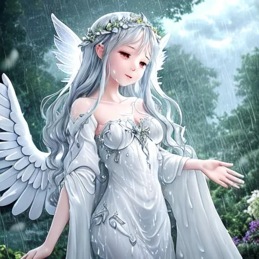 Prompt: An Angelic silver fairy who has just awakened when the rain starts to pour all over her white dress.
Exterior: beautiful clouds with trees as high as the cloud's night sky are, the feminine fairy wakes up with tears,
(Emphasis on her eyes, lips, and face in the rain) with a wholesome body.