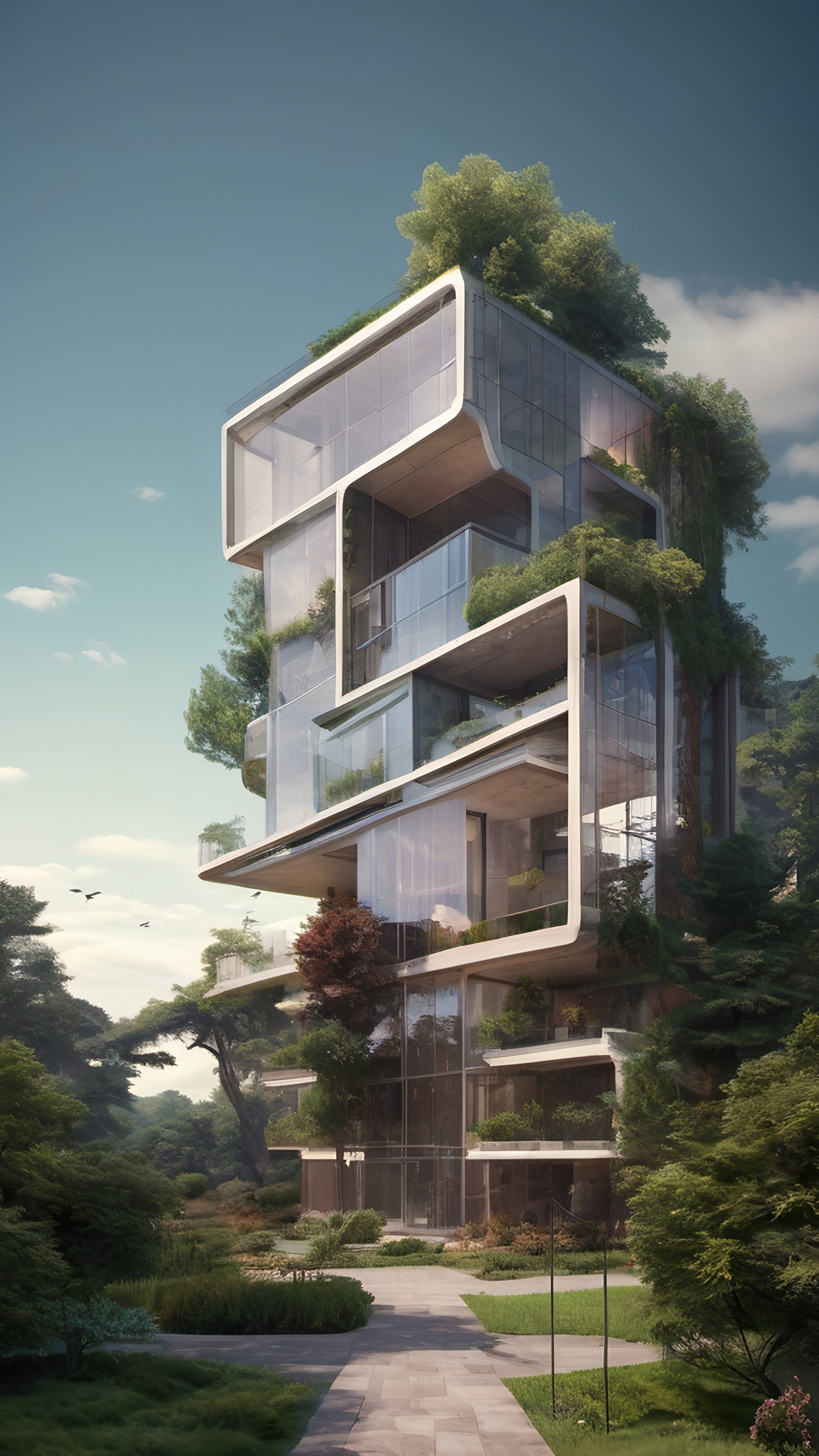 Prompt: a tall building with a lot of windows and trees on top of it's sides and a walkway leading to the top of the building