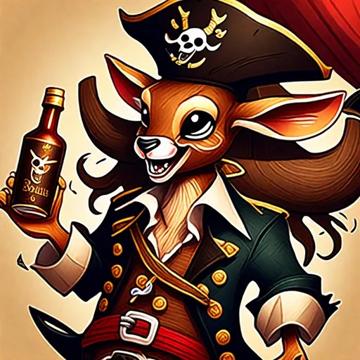 Prompt: Create a playful illustration of evil Bambi as a pirate, on board of a ship drunk dancing and holding a bottle of rum 