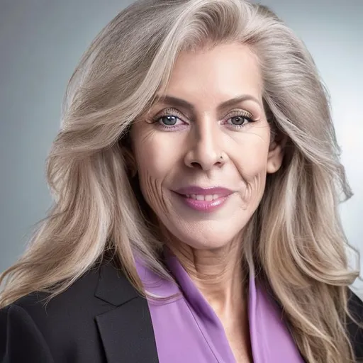 Prompt: 60 year old American -British -Swedish-Portuguese-German woman , have long hair , blonde tinted hair , warm make up , wearing a lilac suit and sitting , biography photo , linkedin photo , former mayor , politician , college dean , professor , youth neck