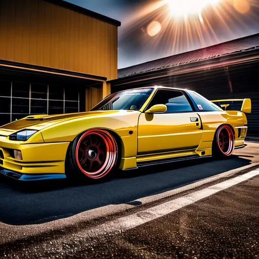 Prompt: 4k resolution, HDR pictures, masterpiece, high resolution, highly detailed pictures, high quality pictures, a yellow drift nissan s13, modified, bodykit, slammed body, camber wheel, from side, drive thru way, city