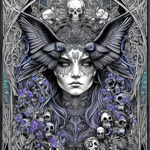 Prompt: ultra realistic coloring page with raven face goddess of death surrounded by dark blue butterfly's and skulls in art nouveau plus digital art style