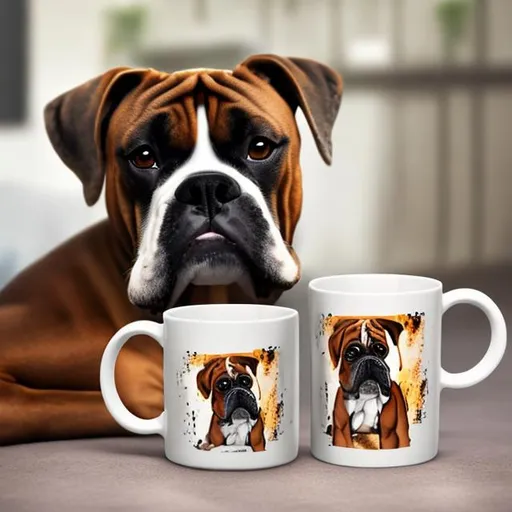 Prompt: a boxer dog guarding a mug of coffee anime

