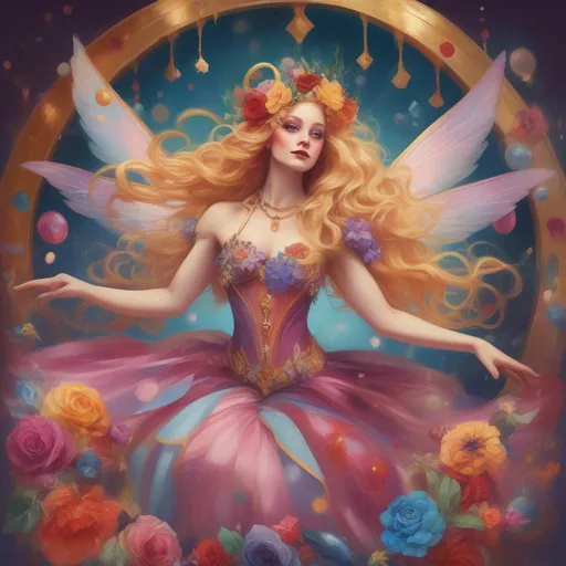 Prompt: A colourful and beautiful Persephone as a elegant acrobat with long golden hair, with iridencent fairy wings, wearing a ballgown made of flowers in the crazy circus, surrounded by circus decor and gems in a painted style