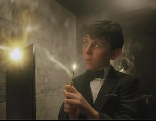 Prompt: 13 year old boy in a tuxedo casting a crazy magic spell from the outside of a bathroom stall with his magic wand, but the spell he cast happens on the inside of the bathroom stall because he cast the spell on the person inside who was warring a T shirt 
