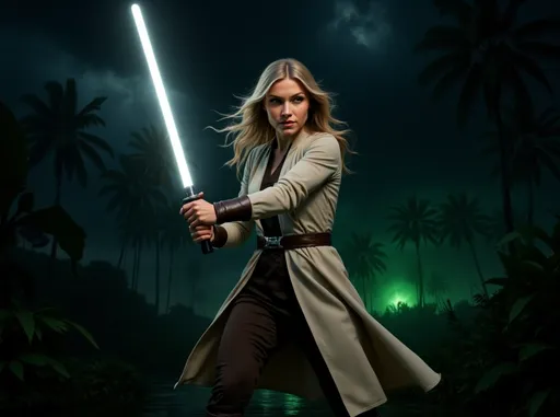 Prompt: Clad in a sleek, outfit of flowing beige and brown robes that highlights her athletic frame as it flows, a young woman stands poised in a dramatic battle pose in a landscape, wielding a glowing white lightsaber. Her blonde hair is flowing, accentuating her fierce expression as she prepares for battle against the backdrop of a wet dark rain forest with tropical plants and palm trees that tower ominously. The atmosphere is charged, with swirling clouds and a green haze in the distance, casting a dramatic glow that enhances the tension of the scene. Overall, the image conveys a sense of empowerment and urgency, blending elements of fantasy and adventure as the figure exudes confidence in an otherworldly setting.