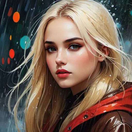 Prompt: Perfect stylish girl who looks like Natalie Alyn Lind with dark brown eyes and long straight blonde hair in the rain, 

abstract style, 

with multicolored circles, 

Ergo Proxy illustration, 

Sofonisba Anguissola, 

close-up, 

fantasy art, 

futuristic elements, 

gold and red palette, 

hyperdetalized illustrations