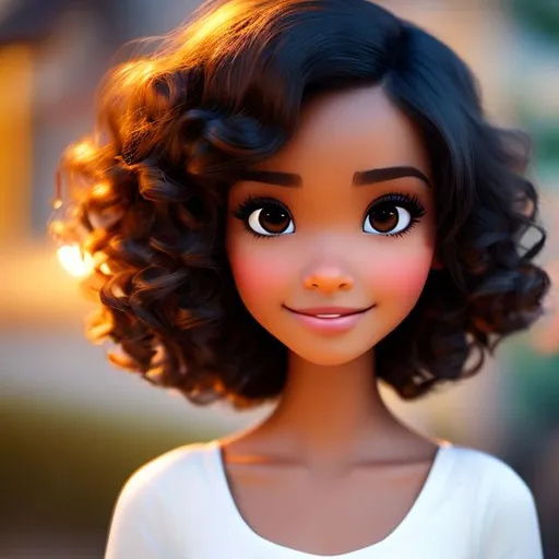 Prompt: Disney, Pixar art style, CGI, girl with light muted tan skin, almond shaped black eyes, long curly black hair