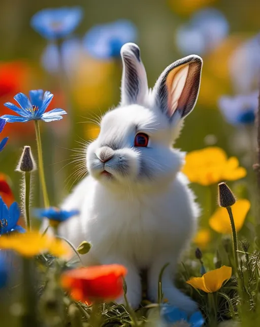 Prompt: An adorable baby rabbit with soft white fur sitting in a field of vibrant wildflowers on a sunny spring day, surrounded by red poppies, yellow buttercups, and blue cornflowers. The rabbit blends into the pastel flowers, with just its little face peeking out. Shot from ground level perspective , Canon 5D Mark IV and 100mm macro lens to capture details. The mood is serene, gentle and filled with new life. In the style of Beatrix Potter.
