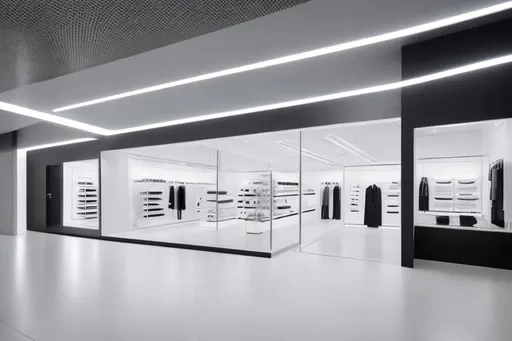 Prompt: minimalist store, LED lighting. shopping mall. Contemporary futuristic Design, coherent composition, architecturally accurate, architecture photography, 8 k. Clean Space. Hyperrealistic. Magazin Shot. 