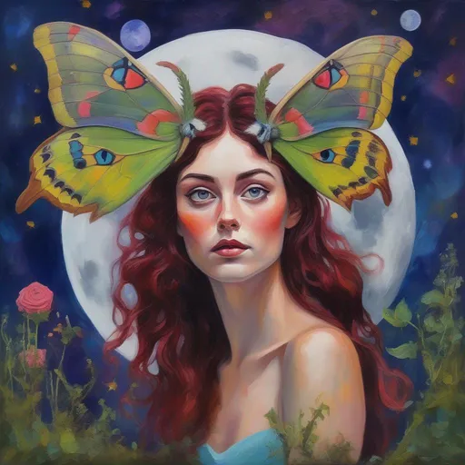 Prompt: A beautiful and colourful picture of Persephone with brunette hair and curled ram horns, and with light freckles, is surrounded by a single American Moon Moth, animals, moss and plants, framed by the moon and constellations, in an impressionistic colourful acrylic palette knife style.