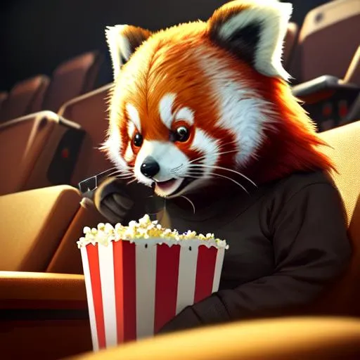 Prompt: Cute small humanoid red panda sitting in a movie theater eating popcorn watching a movie, unreal engine, volumetric, warm indoor lighting, artstation, detailed, digital painting, cinematic, character design by hayao miyazaki, unreal 5, daz, hyperrealistic, octane renderer, arnold renderer, 8k, matte