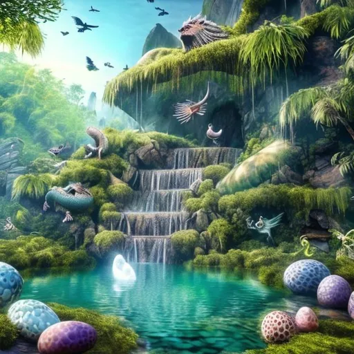 Prompt: Realistic Enchanted waterfall and lake with dragon eggs in nest birds flying various animals near lake