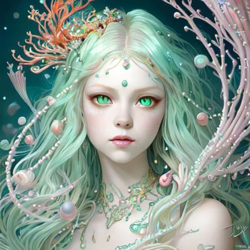 Beautiful albino mermaid with silky hair and big ref... | OpenArt