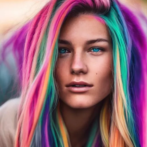Prompt: Zoomed in on a womens face has got long rainbow hair vibrant