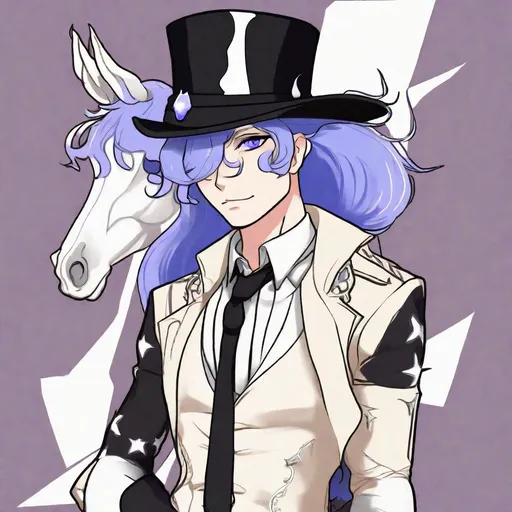 Prompt: Your OC is a small-framed rockstar As centaur, with inviting periwinkle eyes. Wearing a top hat. {{Centaur}} anime style.  upper body of a human and the lower body and legs of a horse