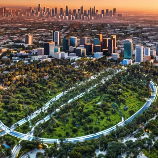 Prompt: a wide-angle photograph of los angeles, a futuristic eco-city, green trees, green grass, extreme detail, intricate buildings, intricate nature, with roundabouts, sharp lines, cinematic lighting, hopeful future, ergonomic, human-centric, at sunset