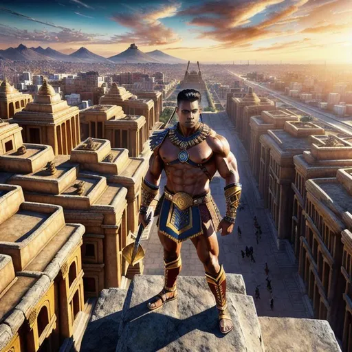 Prompt: 3D, HD, Dramatic, Epic, Spectacular, Cinematic lighting, muscular [one handsome! male dressed in Aztec warrior outfit] and [standing on ledge of building], expansive Texcoco City background, ultra detailed full body artistic photography, detailed rugged Gorgeous detailed face, shadows, oil on canvas, brush strokes, ultra sharp focus, ominous, matte painting movie poster, golden ratio, epic, intricate, cinematic character render, hyper realistic, 64K --s98500