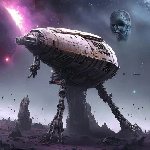 Prompt: star ship wrecks rotting ancient war dead planet dead robots body's battle colours small space man skeleton 
