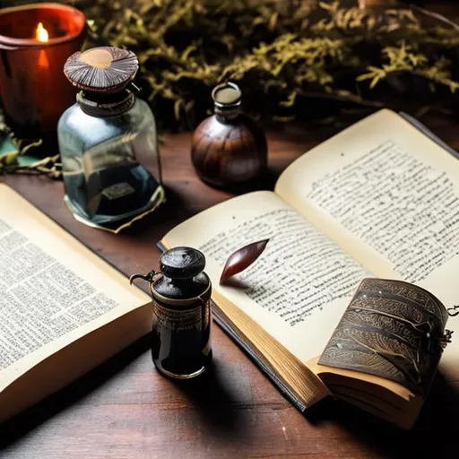 Prompt: Ink bottle and quill on a table  with a book  and a bush  lantern