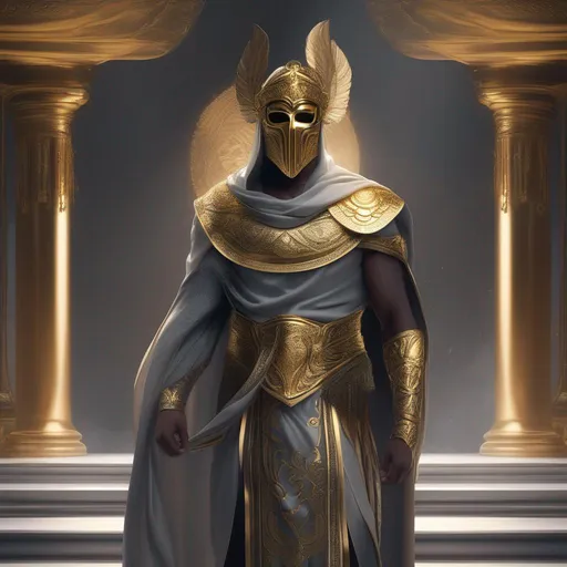 Prompt: A Human Male with deathly gray skin, in a toga, wearing a golden mask