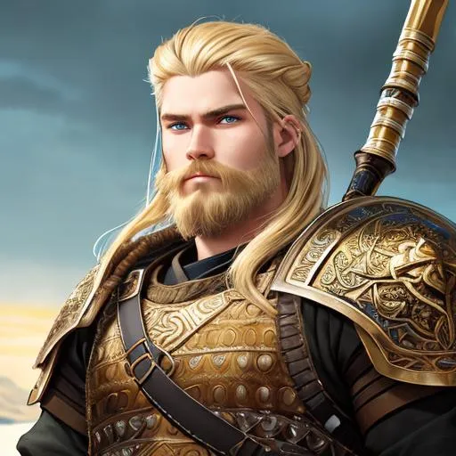 Prompt: oil painting, fantasy, a young human man viking with short dirty blonde hair tied back and neatly trimmed dirty blonde beard and green eyes | Warrior wearing Japanese armor wielding a large Spear with both hands , #3238, UHD, hd , 8k eyes, detailed face, big anime dreamy eyes, 8k eyes, intricate details, insanely detailed, masterpiece, cinematic lighting, 8k, complementary colors, golden ratio, octane render, volumetric lighting, unreal 5, artwork, concept art, cover, top model, light on hair colorful glamourous hyperdetailed medieval city background, intricate hyperdetailed breathtaking colorful glamorous scenic view landscape, ultra-fine details, hyper-focused, deep colors, dramatic lighting, ambient lighting god rays, flowers, garden | by sakimi chan, artgerm, wlop, pixiv, tumblr, instagram, deviantart