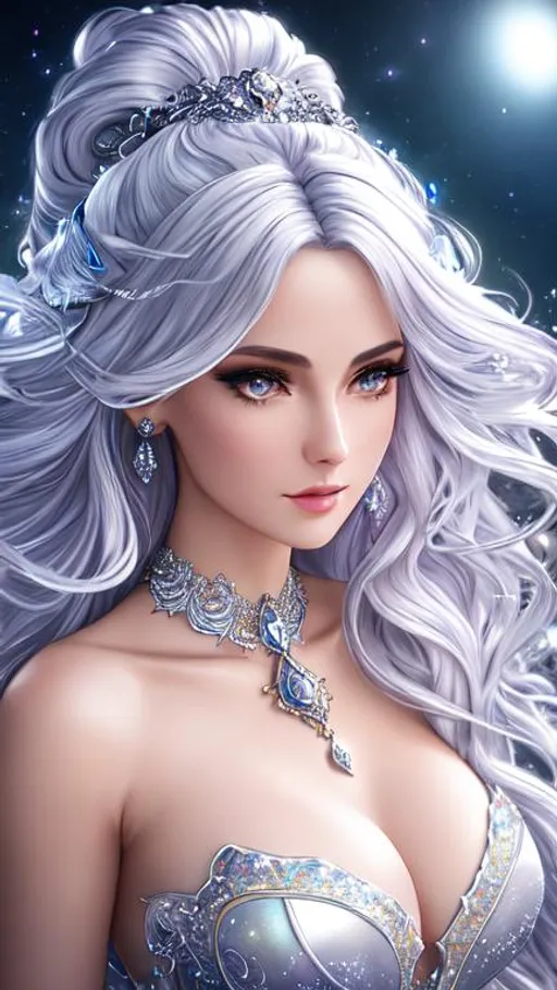Prompt: Fantasy style, a hyper realistic detailed image of a celestial feminine woman, covered in nightly glow, looking straight ahead, body facing camera, camera top third of image, perfect composition, super detailed, sharp focus HDR, UDR, 120k, square jaw, light silver and white coloured skimpy dress, silver shoulder plates, long curly white hair, amber eyes, in a dark stary night-time fantasy background, 