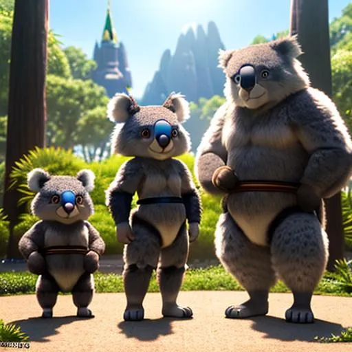 Prompt: standing centered, Pixar style, 3d style, disney style, 8k, Beautiful, photography taken by canon eos r5, photorealistic koala warrior, strong and fit, short trimmed beard, leather armor, standing, flawless bright fur, anthropomorphic, good anatomy, Perfect white balance, Sun lighting, rim lighting uhd, (art by norman rockwell), prime photography, smooth crisp line quality, 3D style rendered in 8k using beautiful Disney like animation