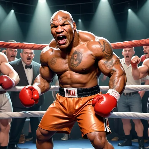 Prompt: A little person, Mike Tyson vs Jake Paul red hair full beard, punches in face, aggressive,  in a boxing ring, an excited audience in the background, stage performance, glistening muscles, detailed facial features, vibrant colors, photo realistic, Looney Toons style, audience, theatrical lighting, high quality, detailed muscles, stage setting, professional, animated shading, cartoon realism, detailed expression, muscle definition