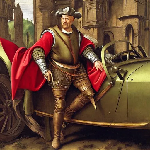 Prompt: Medieval merchant driving a sportscar, dressed in velvet and brocate, oil painting, 16th century, realistic, in the style of Michelangelo