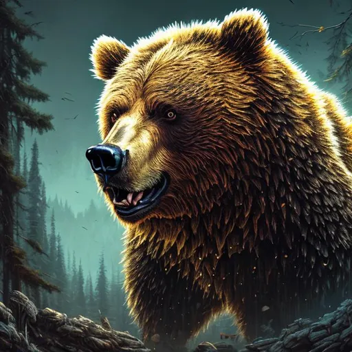 Prompt: angry bear , vintage, hyperdetailed, 8k resolution concept art, complementary colors, deep color, hyperrealism, photorealism, golden hour, complex, detailed, expansive, photorealistic, retro, Julian Pott style