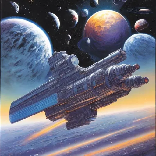 Prompt: 1980s space fantasy cover art painting