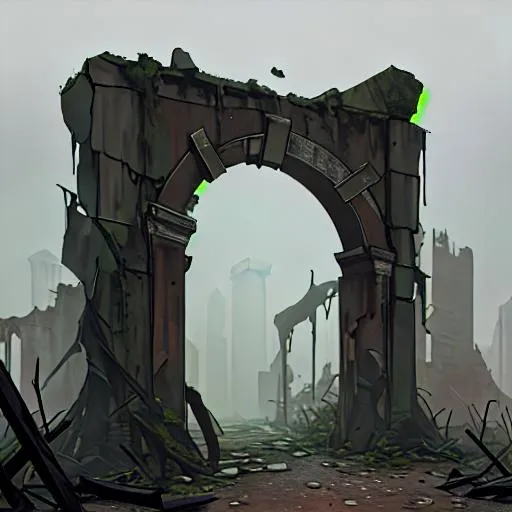 Prompt: 4k, dark, monsters, the crumbling ruins of a portal of an ancient civilization