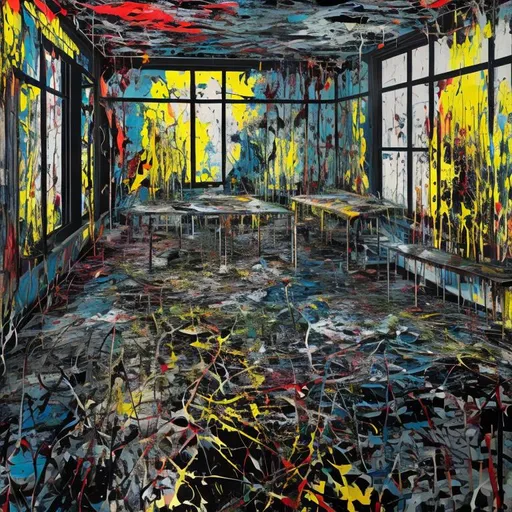 Prompt: Jackson Pollock's studio. D Bursts of color all over the walls and windows. hyperdetailed acrylic art action painting contrasting colors