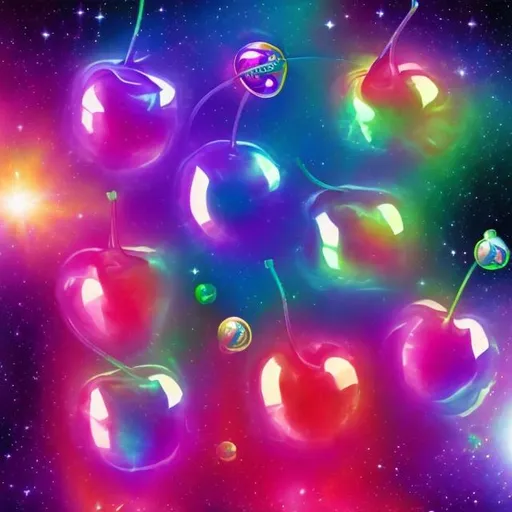 Prompt: Holographic cherries in outer space in the style of Lisa frank
