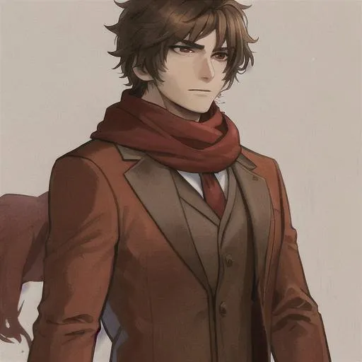 Prompt: A brown haired werewolf boy wearing a red scarf and suit