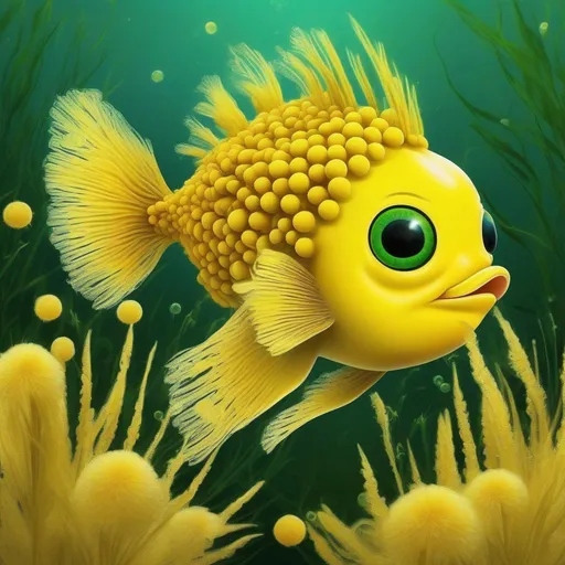 Prompt: Stargazer fish the golden grass wattle, golden yellow with green fins and covered in yellow puffballs masterpiece, best quality, in cartoon style