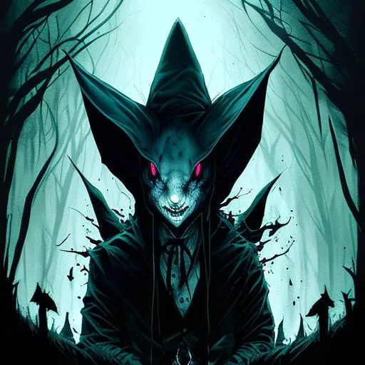 Prompt: White rabbit syndrome: Psychological horror; dark, occult concept art by artists Anne Stokes and Jim Pavelec; in the style of Dan Mumford; a malevolent creature lurking in the shadows, evoking terror and unease; unsettling mix of dark abd chilling colors; dark blues, midnight blacks, and chilling whites; trending on Artstation