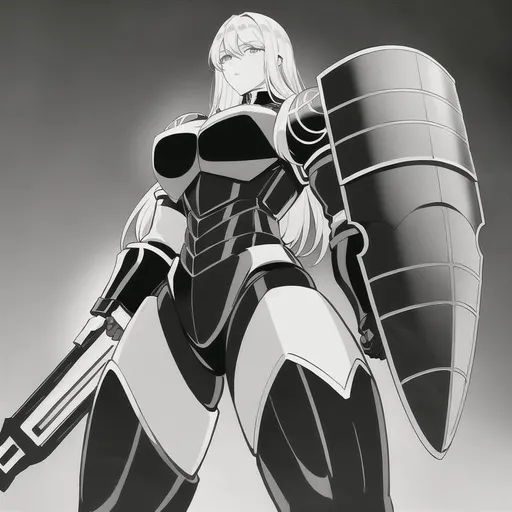 Prompt: medieval male humanoid robot with  gigant shield instead of a hand, monochrome black body, White background