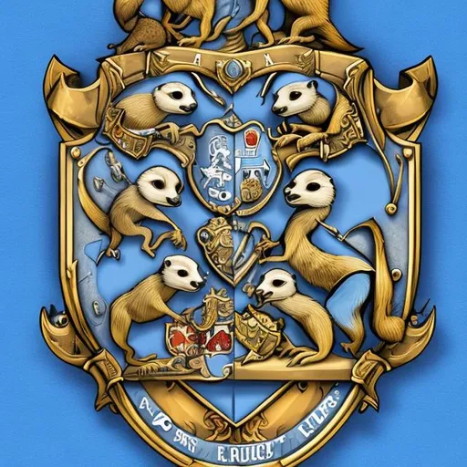 Prompt: Coat of arms, meerkat support, shield blue, coins, eye