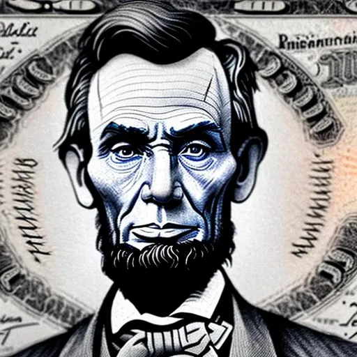 Prompt: Produce a hyper-realistic pencil drawing of President Abraham Lincoln on a $5 bill with a look of pleasant surprise using raised eyebrows, open eyes, and open mouth. Use shading techniques to create a sense of depth on the bill's creases and folds.