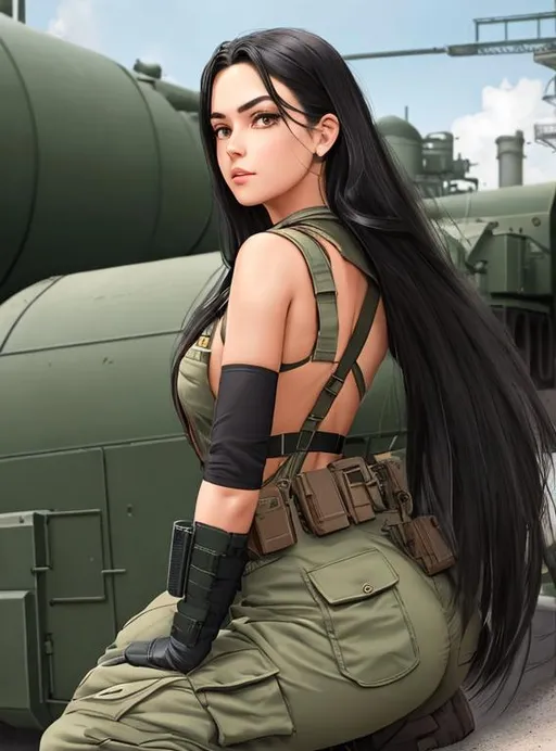 Prompt: Analog style body portrait+ style ; war girl, visiting fuel refinery wearing baggy pants and military uniform. Science fiction hype realistic 8k shot of the day, beautiful morning hour high resolution. Sage green muted coloured eyes. Looking back at viewer. Long black hair. Shadow eyeliner. Squatting position. Thick thighs.