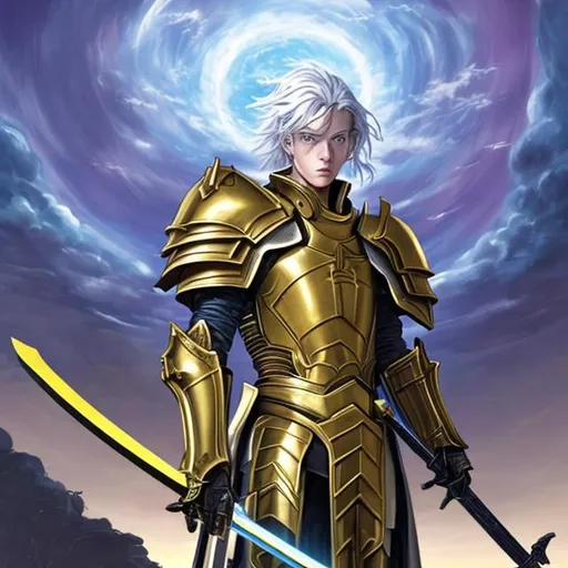 Prompt: A tall man holding his sword in the sky and wearing armor and he has gold color hair upto his waist 